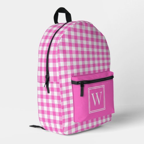 Pink and White Gingham Check Plaid Monogram Printed Backpack