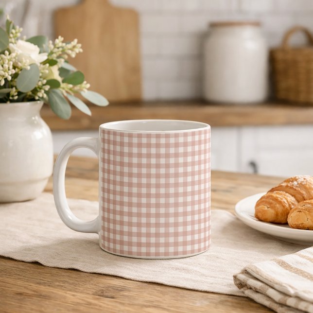 Pink and White Gingham Classic Pattern  Coffee Mug (A mug with a pink and white gingham pattern.)