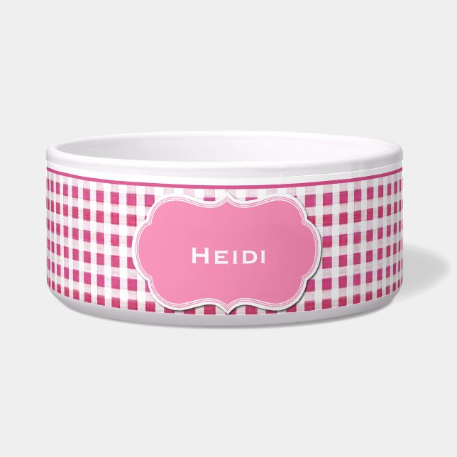 Pink and White Gingham Custom Dog Bowl (Front)