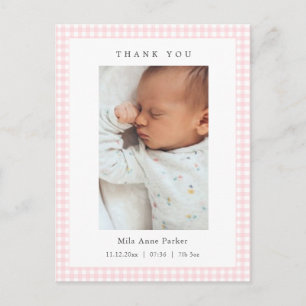 Pink and white Gingham Girl Birth Announcement Postcard