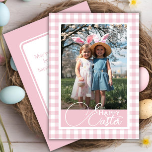 Pink And White Gingham Happy Easter Custom Photo Holiday Card