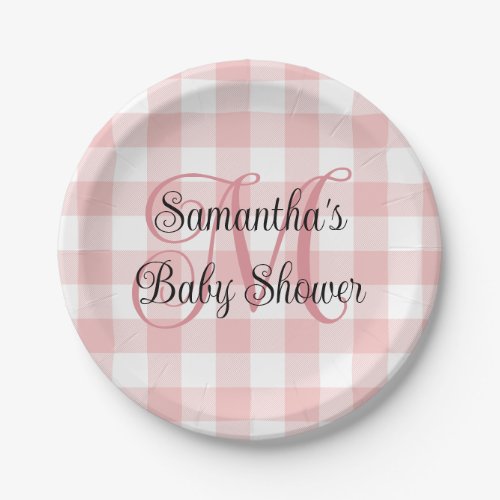 Pink and White Gingham Monogram Baby Shower Paper Plates