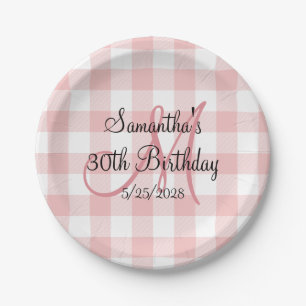 Pink and White Gingham Monogram Birthday Paper Plates