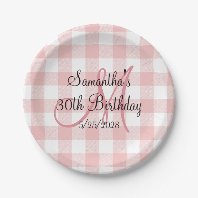 Pink and White Gingham Monogram Birthday Paper Plates (Front)