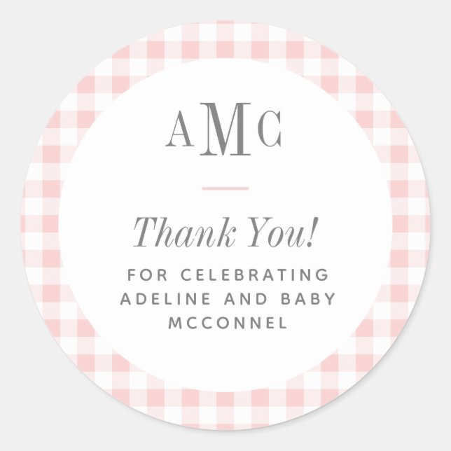 Pink and White Gingham Monogram Thank You Classic Round Sticker (Front)