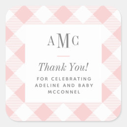Pink and White Gingham Monogram Thank You Square S Square Sticker