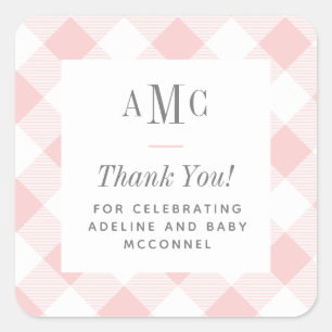 Pink and White Gingham Monogram Thank You Square S Square Sticker