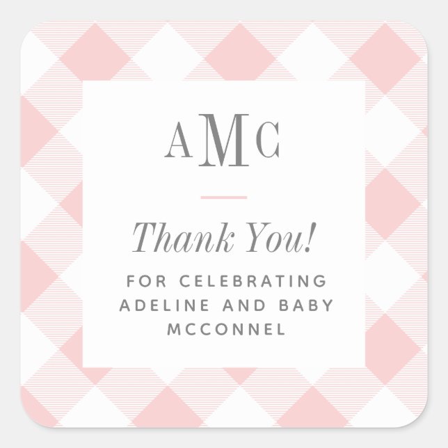 Pink and White Gingham Monogram Thank You Square S Sticker (Front)
