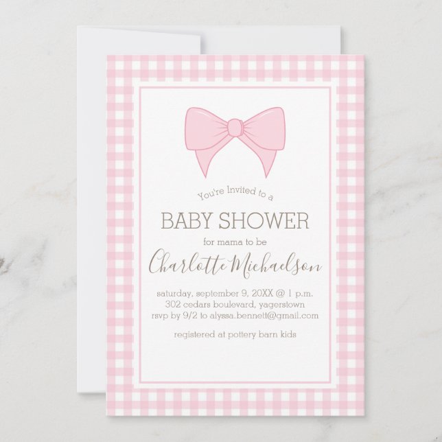 Pink and White Gingham Pattern Baby Shower Invitation (Front)