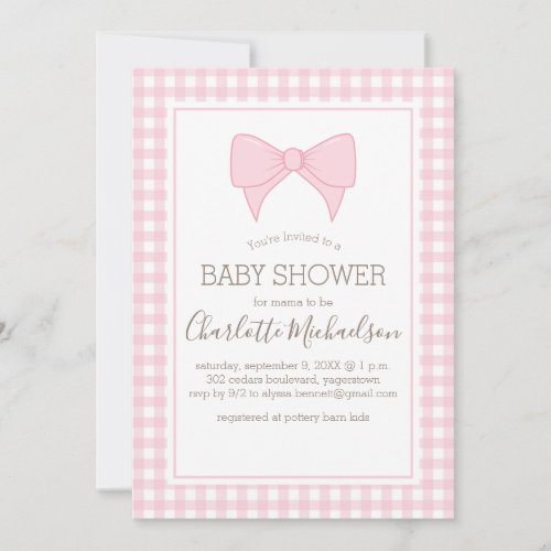 Pink and White Gingham Pattern Baby Shower Invitation