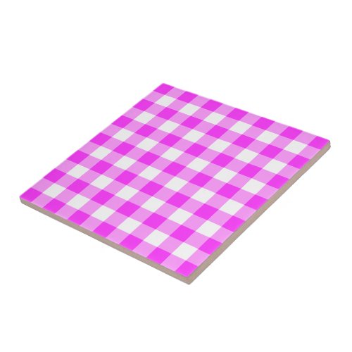 Pink and White Gingham Pattern Ceramic Tile