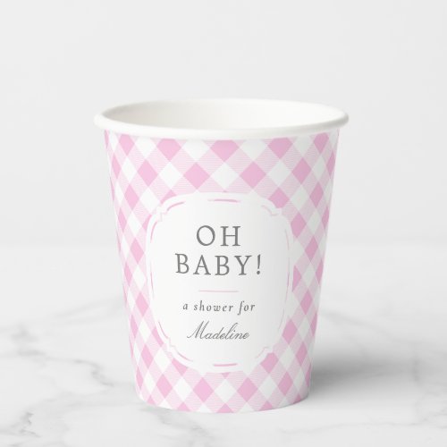Pink and White Gingham Pattern Oh Baby Shower Paper Cups