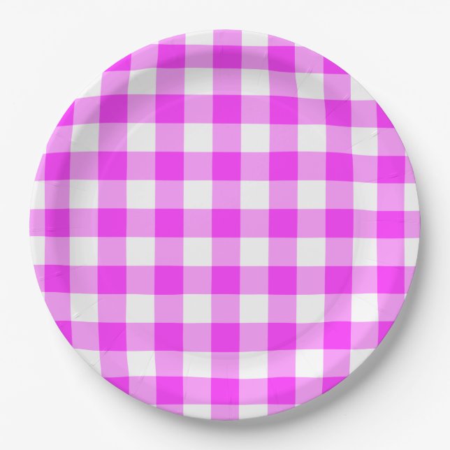 Pink and White Gingham Pattern Paper Plates (Front)