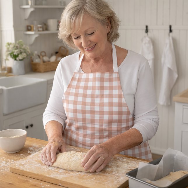 Pink and White Gingham Plaid Country Pattern Apron (An apron with a blush pink and white gingham pattern.)