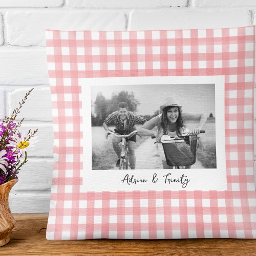 Pink and White Gingham Plaid Custom Photo Throw Pillow