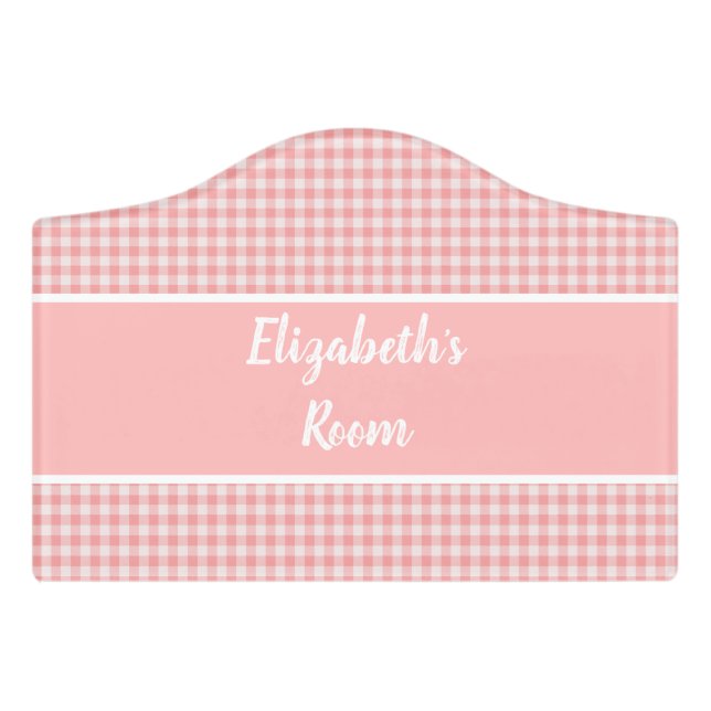 Pink and white gingham plaid for kids room door sign (Small Crest Front)