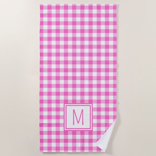 Pink and White Gingham Plaid Monogram Beach Towel (Front)