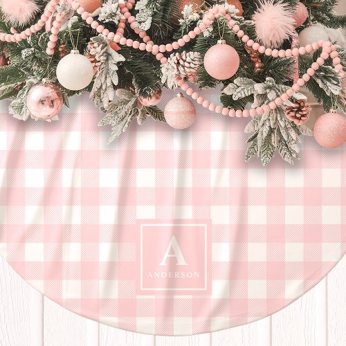 Pink And White Gingham Plaid Monogram Brushed Polyester Tree Skirt