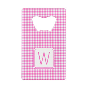 Pink and White Gingham Plaid Monogram Credit Card Bottle Opener