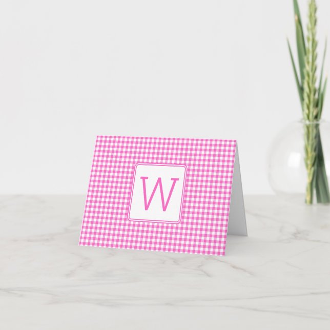 Pink and White Gingham Plaid Monogram Note Card (Front)