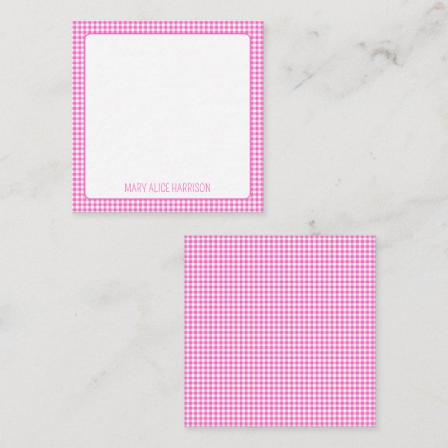 Pink and White Gingham Plaid Personalized Note Card (Front/Back)