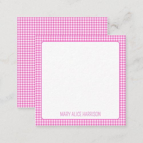 Pink and White Gingham Plaid Personalized Note Card