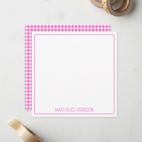 Pink and White Gingham Plaid Personalized Note Card