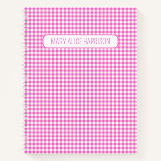 Pink and White Gingham Plaid Personalized Notebook (Front)