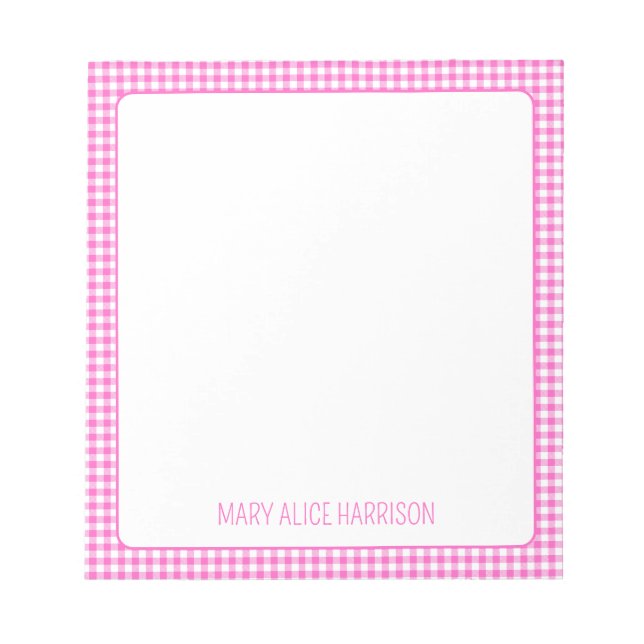 Pink and White Gingham Plaid Personalized Notepad (Front)