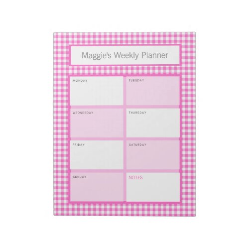 Pink and White Gingham Plaid Personalized Planner Notepad