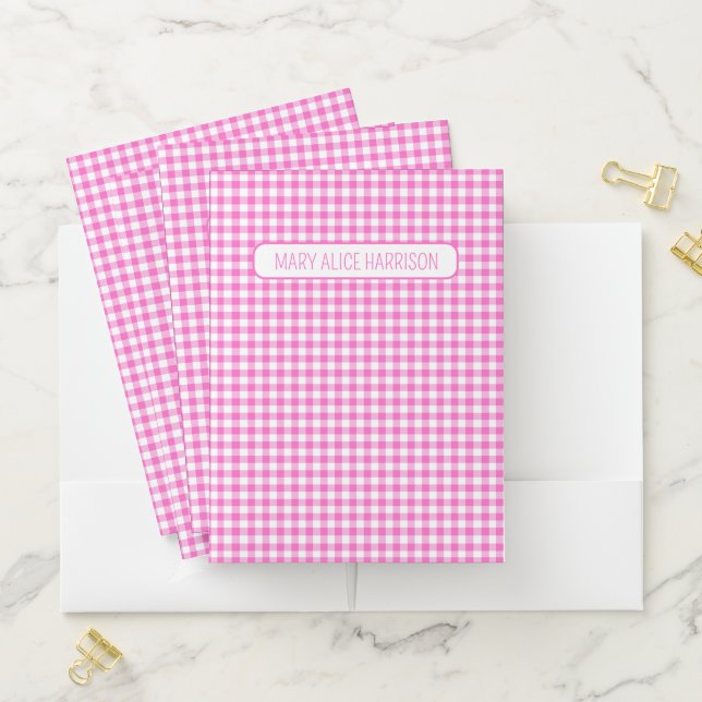 Pink and White Gingham Plaid Personalized Pocket Folder (In Situ)