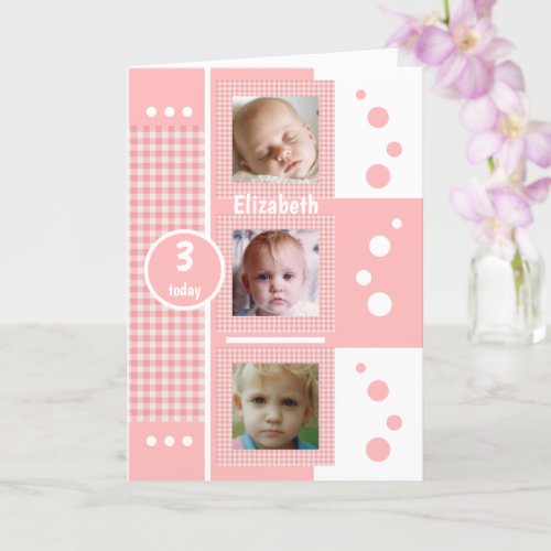 Pink and white gingham plaid photo any age kids card