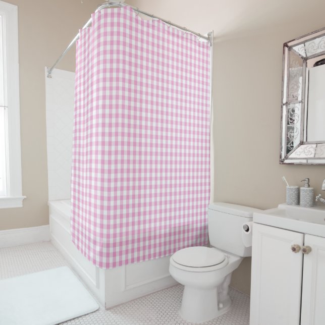 Pink And White Gingham Shower Curtain (In Situ)