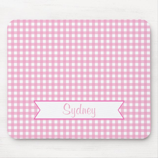 Pink and White Gingham with Custom Name Mouse Pad (Front)