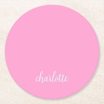 Pink And White Girly Calligraphy Script Round Paper Coaster by pinkgifts4you at Zazzle