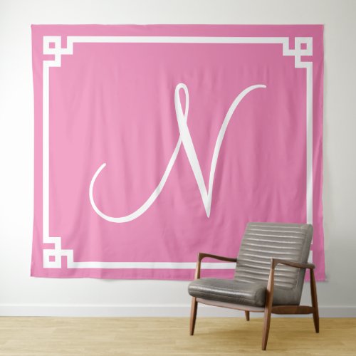 Pink and White Greek Key Border Big Monogram N Tapestry