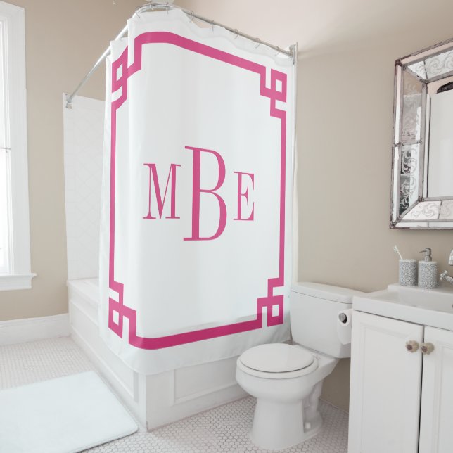 Pink and White Greek Key Border Monogram Shower Curtain (In Situ)