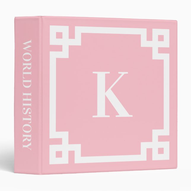 Pink and White Greek Key Border Monogrammed 3 Ring Binder (Front/Spine)