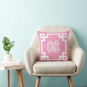 Pink and White Greek Key Script Monogram Throw Pillow