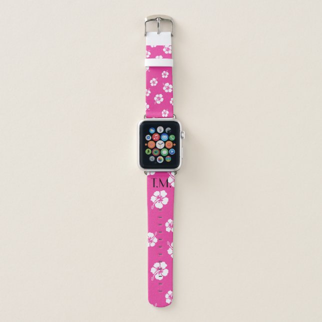 Pink and White Hawaiian Flower Monogram Apple Watch Band (Front)