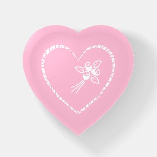 Pink and White Heart and Roses Glass Paperweight
