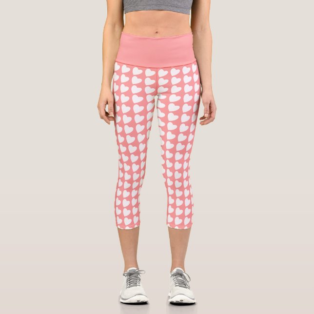 Pink and White Heart Pattern Girly Capri Leggings (Front)