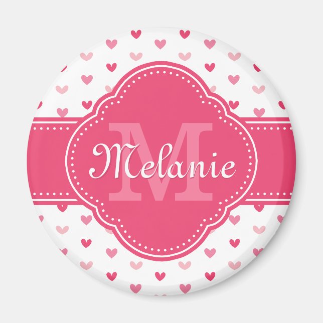 Pink and White Heart Pattern with Monogram Magnet (Front)