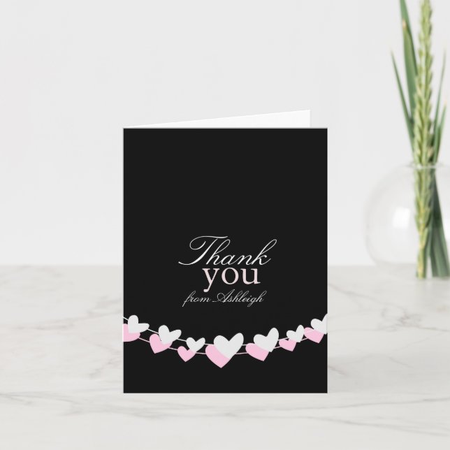 Pink and White Heart Strings Letterpress Thank You Card (Front)