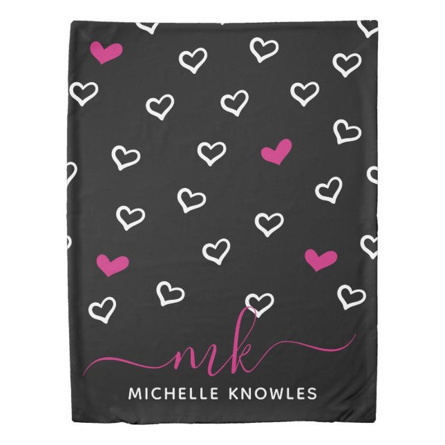 Pink and White Hearts Black Background Modern Duvet Cover (Front)