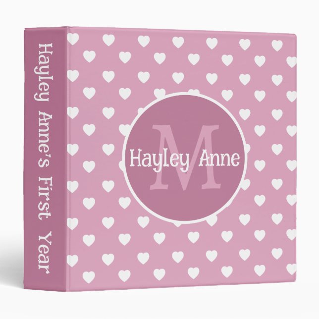 Pink and White Hearts Monogram Scrapbook 3 Ring Binder (Front/Spine)