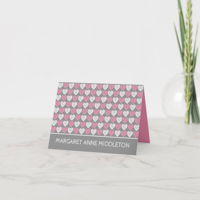 Pink and White Hearts on Grey Birth Announcement (Front)