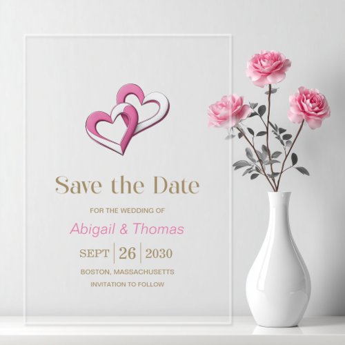 Pink and White Hearts Wedding Acrylic Invitations