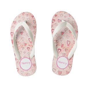 Pink and White Hearts with name Pair of Flip Flops