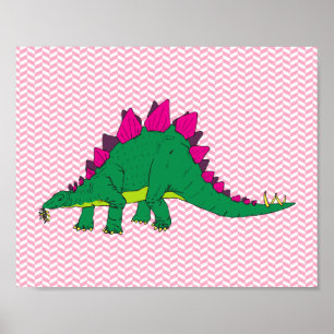 Pink and White Herringbone Stegosaurus Poster